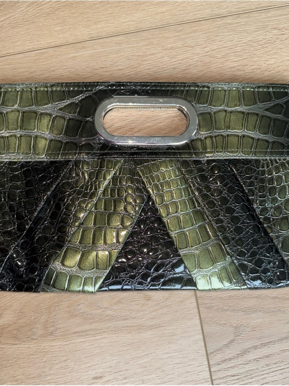 Candie's Olive Green Croc-Embossed Clutch with Silver Handle